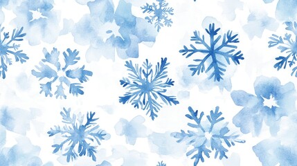 Watercolor seamless pattern featuring delicate winter snowflakes in blue and white hues Organic texture suitable for holiday themed designs such as postcards wrapping invitations prints and banner