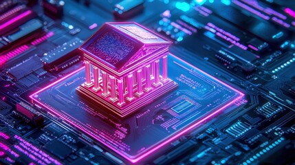 Fototapeta premium A futuristic representation of a digital bank on a circuit board, showcasing technology and finance integration.