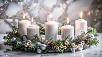 Traditional Advent wreath with five lit candles, decorated with pine branches and gold ornaments