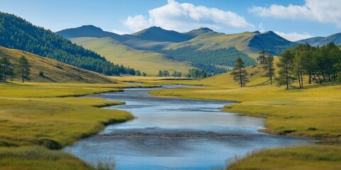 A river runs through a grassy plain with mountains in the background. The scene is peaceful and serene, with the water reflecting the surrounding landscape