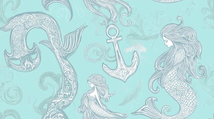 Obraz premium Abstract seamless nautical paisley pattern featuring a silver grey doodle mermaid silhouette and sea anchor set against a light turquoise background Hand drawn design suitable for wallpaper textil