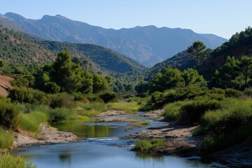 A river runs through a lush green valley with mountains in the background. The water is calm and clear, reflecting the surrounding trees and mountains. The scene is peaceful and serene
