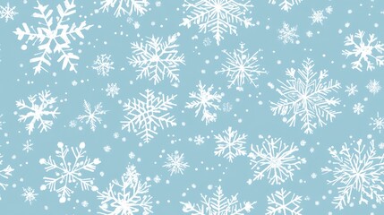 Seamless pattern featuring large and small white snowflakes on a light blue background