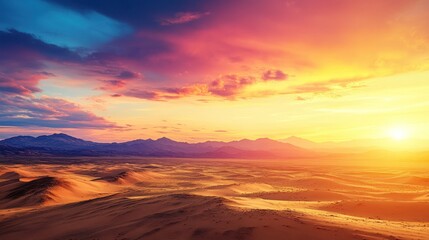 A vibrant sunset illuminates the sand dunes and mountains in a desert landscape.