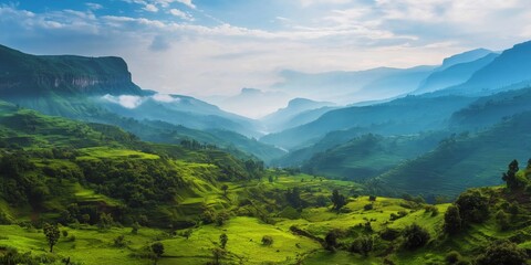 Obraz premium A mountain range with a lush green valley in between. The sky is clear and blue with a few clouds. The mountains are covered in trees and the valley is full of grass. The scene is peaceful and serene