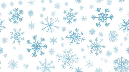 Seamless Christmas pattern featuring snowflakes in light blue on a white background