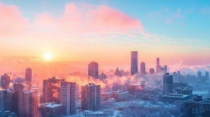 Obraz premium Snowy Sunrise over City Skyline for Holiday Greeting Card or Motivational Company Message