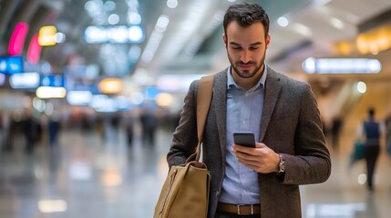 Man in a Brown Blazer Using a Smartphone in a Busy Public Area