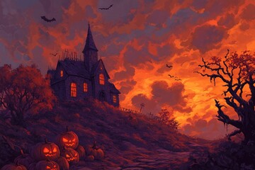 Haunted House Illustration with Lit Jack-o'-Lanterns at Dusk..