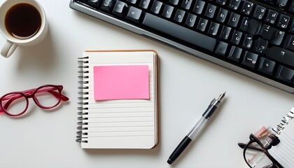 Pink Sticky Note with MEMBERS ONLY Text on Notebook Surrounded by Keyboard, Pen, and Glasses