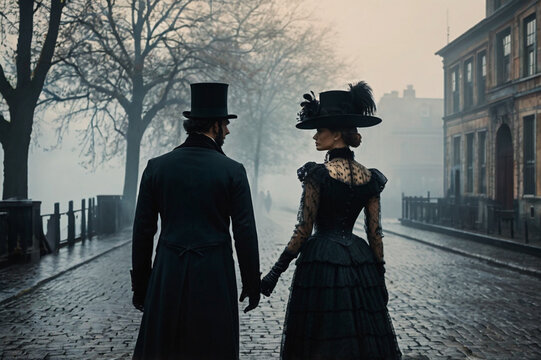 man and woman in elegant victorian clothes walking down a foggy street in 19 century european city