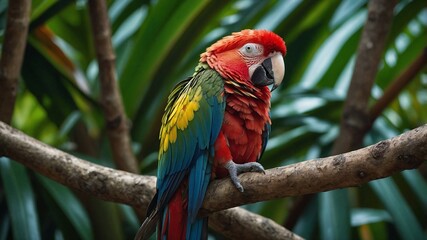 Hyperrealistisches Bild eines exotischen Papageis: Detaillierte Nahaufnahme in tropischer Umgebung