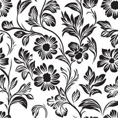 Vector seamless pattern of black and white floral motifs
