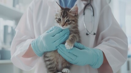 Veterinarian in lab coat and rubber gloves holding cat in veterinary clinic, concept of pet care, animal health, professional veterinary service.
