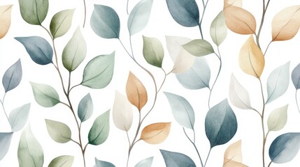 Fototapeta premium A subtle arrangement of watercolor leaves in green, blue, light brown, and gray tones, repeating on a seamless white background