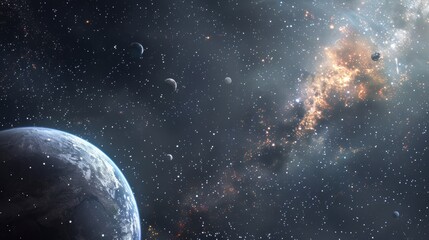 Obraz premium Expansive Cosmic Landscape with Luminous Planets Glowing Nebulae and Twinkling Stars