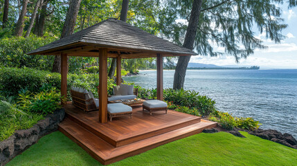 A serene beachside gazebo perfect for relaxation, surrounded by lush greenery and offering stunning ocean views.