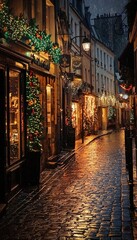 Naklejka premium Charming New Year Visit to Historic European City with Festive Decorations and Cobblestone Streets