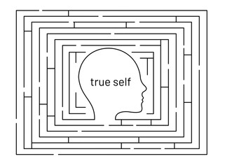 Minimalistic one-color conceptual illustration about finding yourself. Labyrinth leading to the true self. Psychological concept.