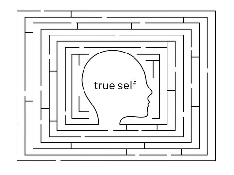 Minimalistic one-color conceptual illustration about finding yourself. Labyrinth leading to the true self. Psychological concept.