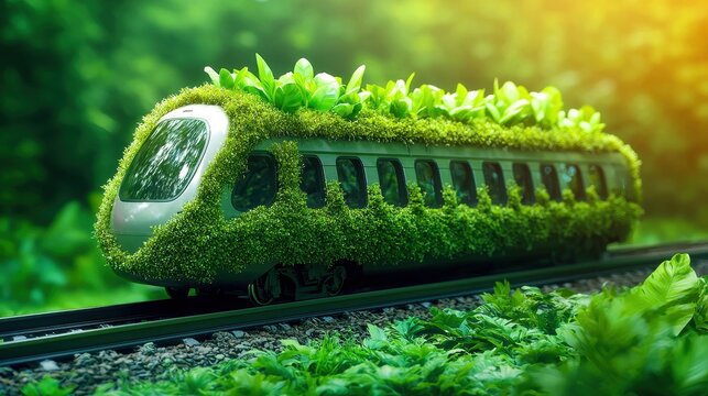 A creative green train covered in plants, showcasing a blend of nature and technology in a serene setting.
