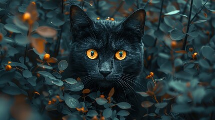 A black cat with bright yellow eyes peeks from a thicket of green foliage.