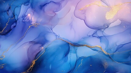 Fototapeta premium Abstract alcohol ink art with swirling space elements, delicate gold lines, and prism-like pastel rainbows. Blue tones dominate.