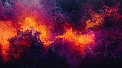 Abstract burst of fiery reds and oranges mixing with deep purples against a dark backdrop