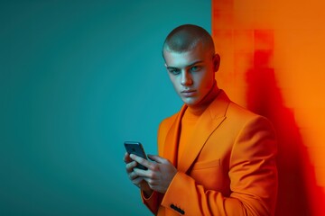 A young man in an orange suit checks his phone against a brightly colored backdrop in a modern indoor setting