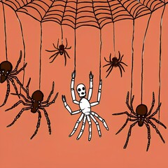 Halloween party banner with skeleton hands, spiders and cobweb. Vector background with bony arms reach out, spiders hang down eerie webs creating spine-tingling scene that sends shivers down the
