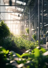 Sunlight streaming through greenhouse with lush green plants and industrial structure.