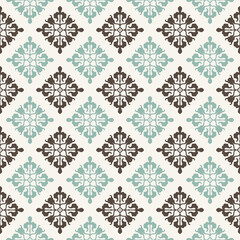 A decorative pattern featuring intricate designs in brown and teal on a light background.