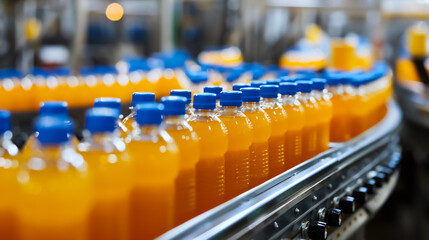 A close-up of a production line bottling orange drinks in transparent bottles with blue caps on a conveyor belt. 