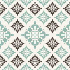 A decorative pattern featuring intricate floral designs in teal and brown on a light background.