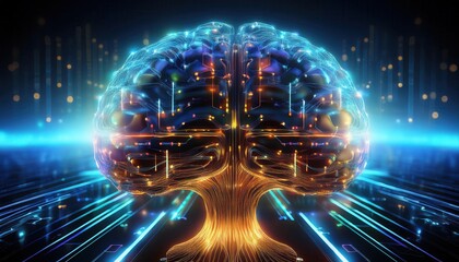 A vibrant digital representation of a brain, symbolizing artificial intelligence and technological advancement, glowing with colorful lights.