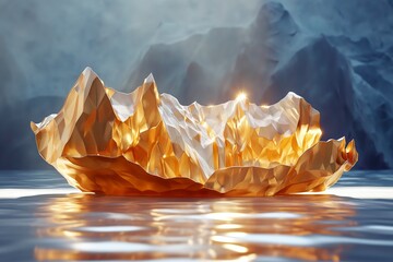 A stunning hyperrealistic depiction of an intricately detailed gold piece floating serenely on a reflective water surface under soft lighting