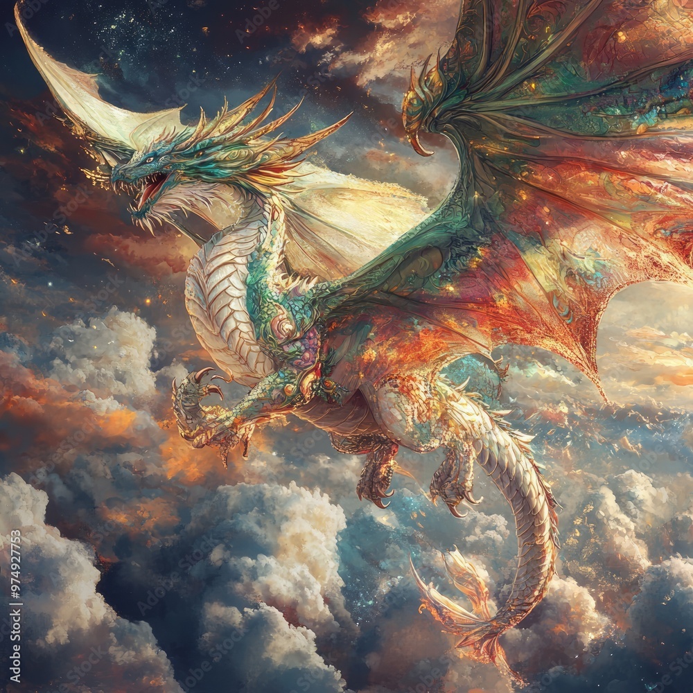 Sticker A majestic dragon soaring through a colorful sky.