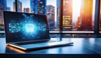 A sleek laptop showcases a digital circuit and CPU, symbolizing technology and innovation in a modern office setting.