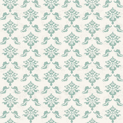 A repeating floral pattern in soft green and cream tones, suitable for wallpaper or fabric design.