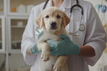 Veterinarian in lab coat and rubber gloves holding dog in veterinary clinic, concept of pet care, animal health, professional veterinary service.