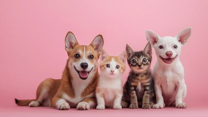 A joyful gathering of pets including dog and kittens on pink background