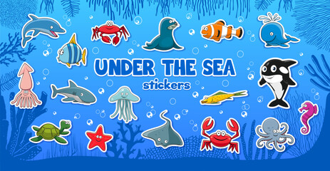 Cartoon underwater animal stickers and undersea fishes, vector icons. Underwater characters stickers of funny seal, ocean dolphin and sea turtle with octopus and seahorse or starfish and whale © Vector Tradition