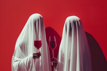 Ghostly characters celebrate Halloween with wine in a minimalist style against a bold red background