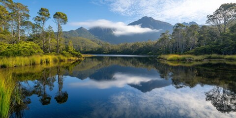 Fototapeta premium A calm lake with a mountain in the background. The reflection of the mountain in the water creates a serene and peaceful atmosphere