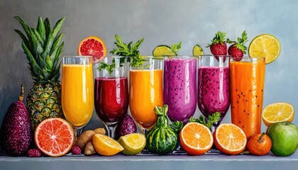 Fototapeta premium Oil painting depicting an assortment of freshly squeezed fruit and vegetable juices showcasing vibrant colors and textures