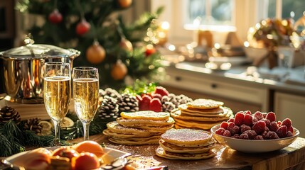 Fototapeta premium Festive New Year's Brunch with Homemade Pancakes, Fresh Fruit, and Sparkling Mimosas in Sunlit Kitchen