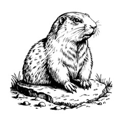 Groundhog digging in the ground, detailed line sketch, on a white background