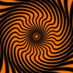 Psychedelic hypnotic spiral pattern for Halloween background, vector hypnosis swirl vortex. Hypnotic spiral circles of vertigo illusion twirls in black orange psychedelic pattern for Halloween holiday