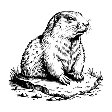 recommend clip art: Groundhog digging in the ground, detailed line sketch, on a white background