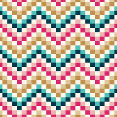 A colorful zigzag pattern featuring alternating waves of pink, teal, beige, and cream squares.